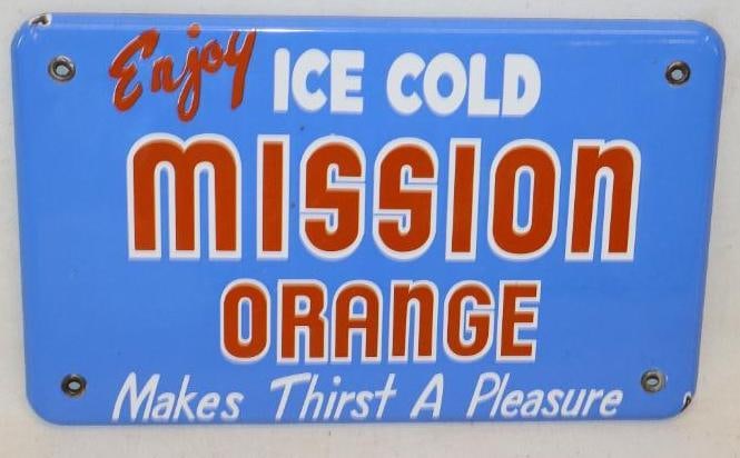 Enjoy Ice Cold Mission Orange "Makes Thirst A Pleasure" Single Sided Porcelain Soda Advertising Sign (1 of 4)