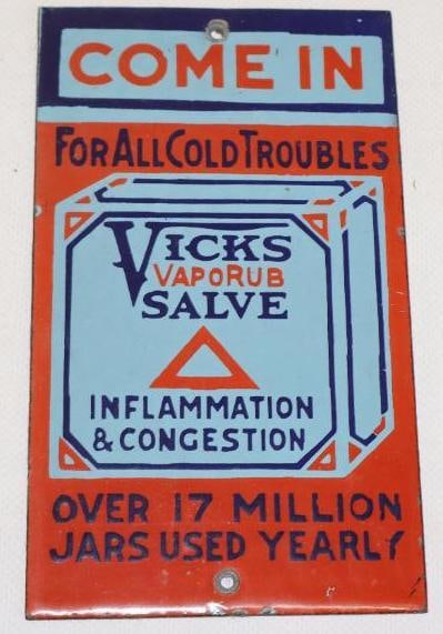 Come In Vicks VapoRub Salve Porcelain Advertising Door Push: In very nice condition with minimal edge chipping 3.75"x 6.5"