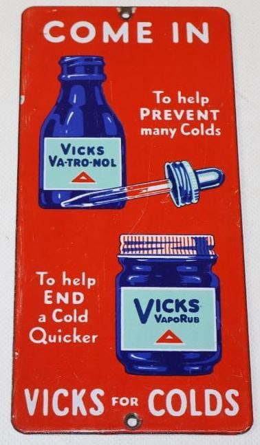 Come In Vicks For Colds Advertising Porcelain Door Push: Excellent color with minimal chipping and scratches 3.75"x 7.75"