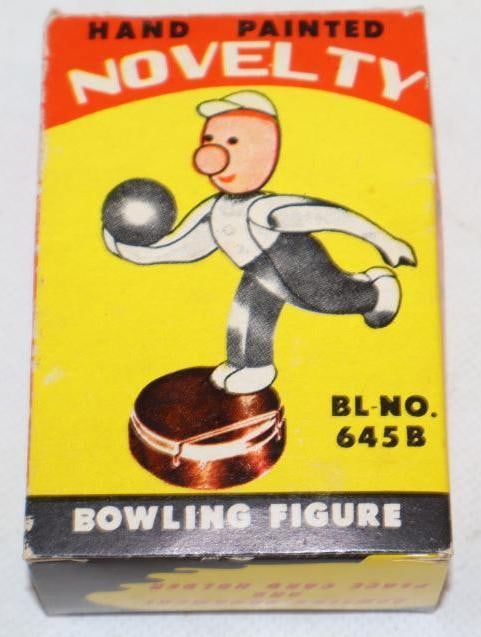 Hand Painted Bowling Male Figure Novelty Place Card Holder with Original Box: 2.5" x 1.5" x 3.5"