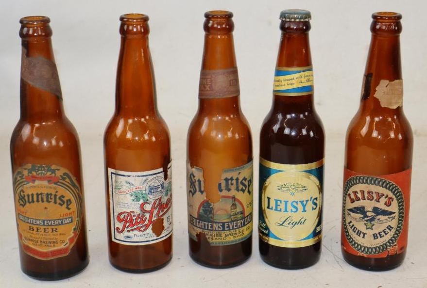 Group of 5 Leisy Lite, Pitt Special, and Sunrise 12oz Beer Bottles: Blue Leisy Lite has original cap