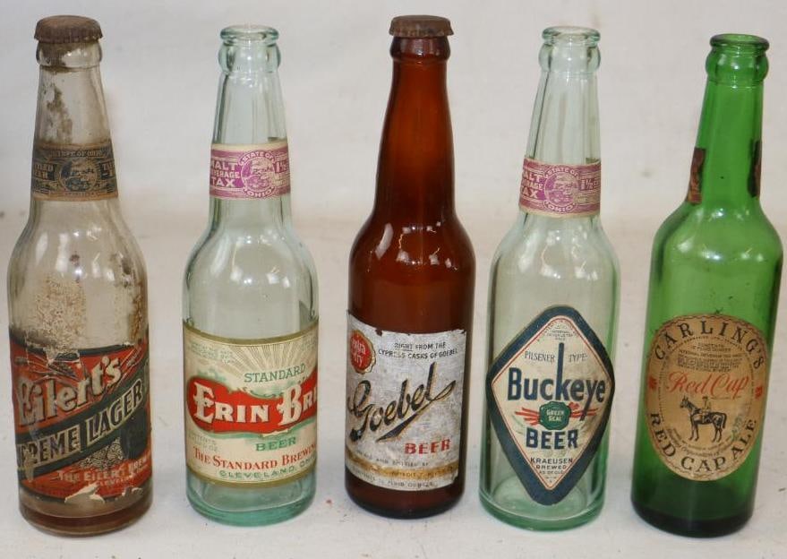 Group of 5 Erin Brew, Red Cap, Eilert's, Buckeye, and Goebel 12oz Beer Bottles: The Goebel and Eilert's have original caps