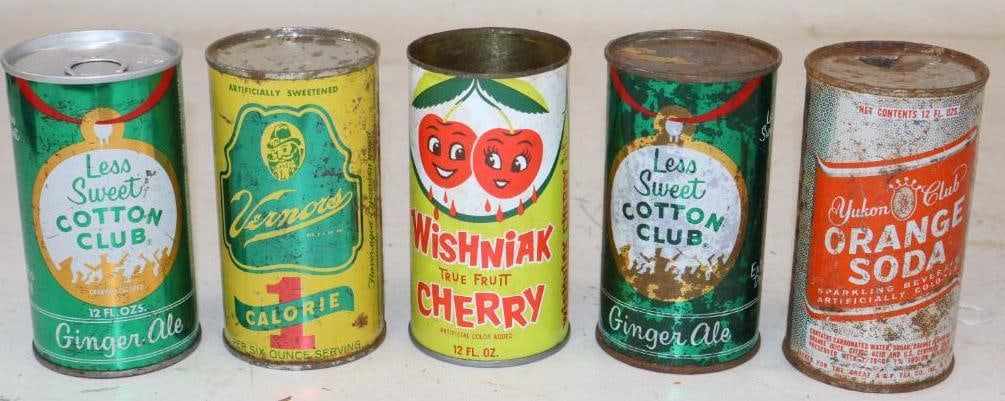 Group of 5 Vernors, Cotton Club, Yukon Orange Soda, and Wishniak Cherry 12oz Soda Pop Cans: All are empty. Wishniak is missing top lid