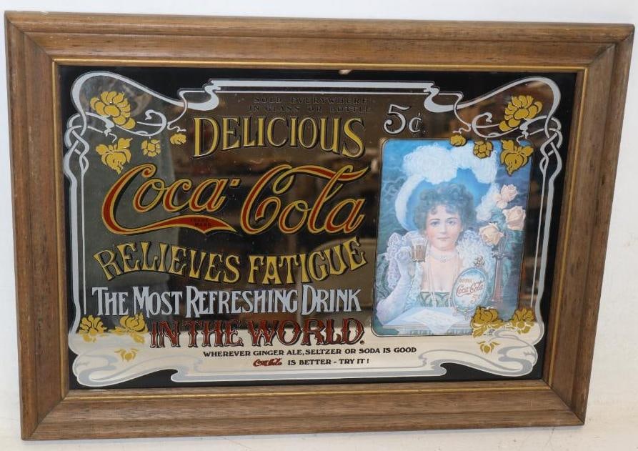 Delicious Coca Cola Relieves Fatigue Framed Mirror Advertising Sign: This is a reproduction of an original advertising sign. 21" x15" x 1"