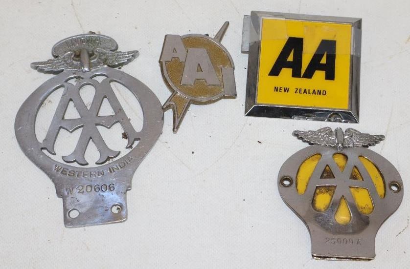 Group of 4 Different AA And AAI License Plate Topper And Radiator Badges: largest is 3.75" x 5.25"