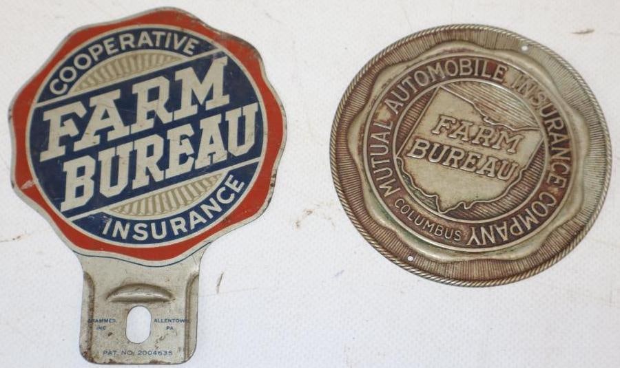 Group of 2 Farm Bureau Insurance Cooperative And Columbus Radiator Badge And License Plate Topper (1 of 2)