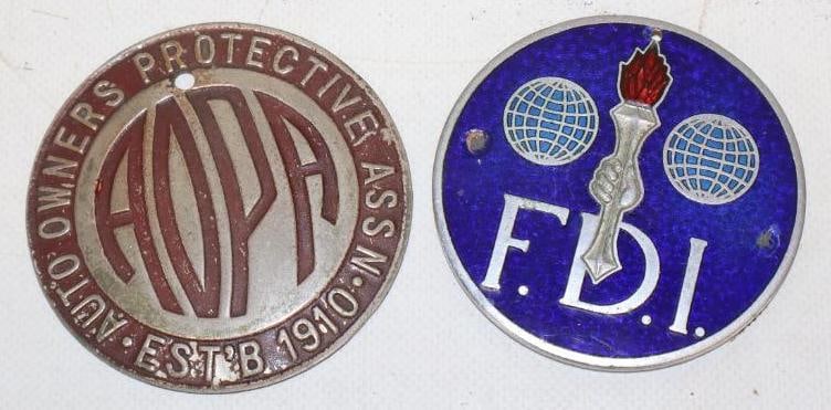 Group of 2 FDI And AOPA Radiator Emblem Badges: FDI is Cloisonne and the AOPA is Brass 3" x 3" each