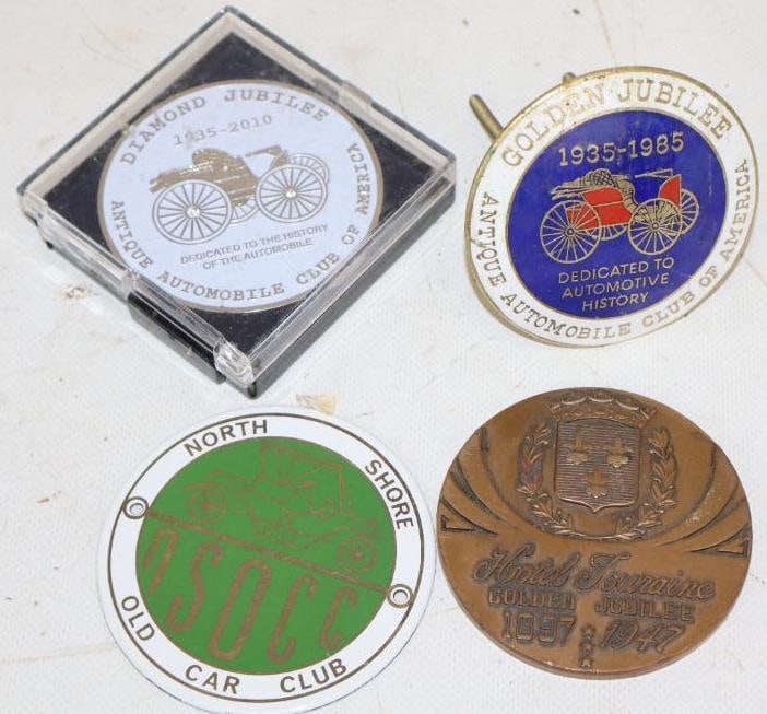 Group of 4 AACA, Hotel Touraine And NSOCC Radiator Badges And Commemorative Medallions: NSOCC is porcelain the Hotel Touraine is Brass Largest is 3" x 3" x 3"