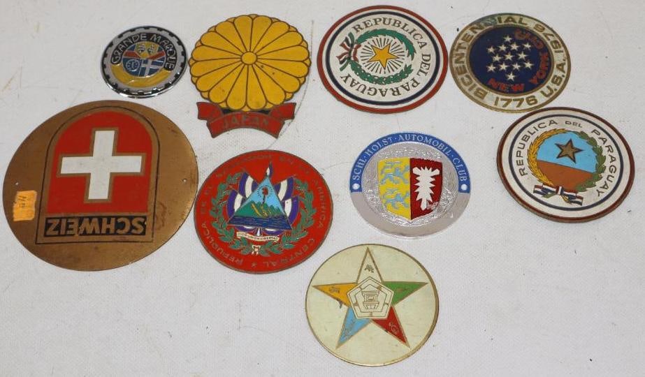 Group of 9 US And Other Country Radiator Badges: largest is 4.25" x 4.25"