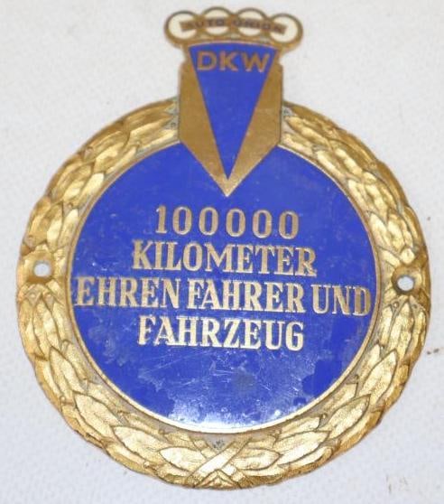 KW Auto Union 100,000 Kilometer Driver and Vehicle Cloisonne Radiator Badge: 3" x 4"