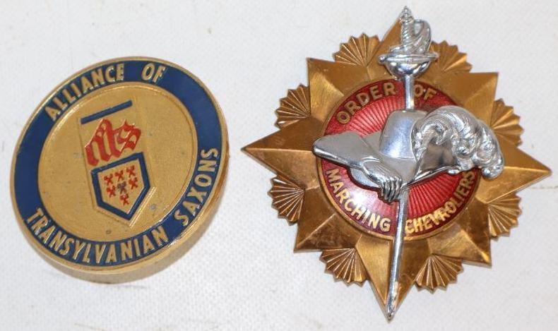 Group of 2 Alliance of Transylvanian Saxons And Order Of Marching Chevroliers Radiator Badges: largest is 4" x 4"