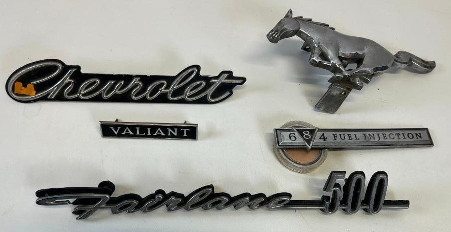 Group of 5 Ford Fairlane 500, Mustang, Chevrolet, Valiant And V-8 Fuel Injection Fender Emblems (1 of 5)