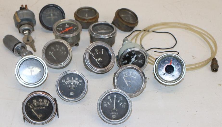 Group of 16 Automobile Gauges, Ignition And Dash Lighter: largest is 3.50" x 2" x 2"