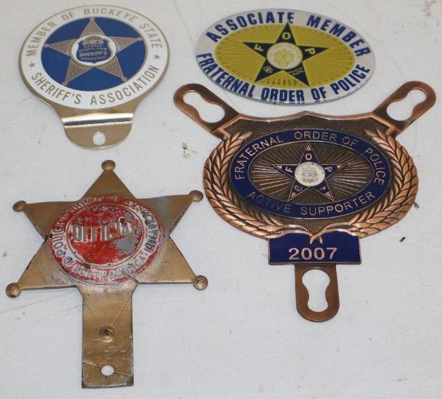 Group of 4 FOP, Buckeye State Sheriff Association License Plate Toppers And Radiator Badge: largest is 7" x 6" Radiator badges are plastic