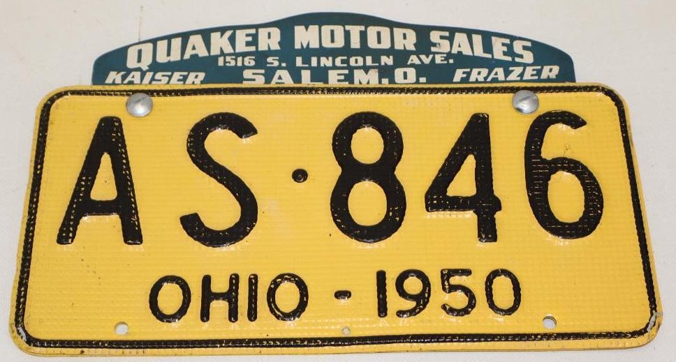 Kaiser Frasher Quaker Motor Sales Salem Ohio License Plate Topper With A Piar Of 1950 Waffle License (1 of 2)