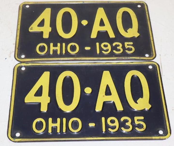 Pair of 1935 Ohio 4 Digit "Shorty" Original Paint License Plates: 10" x 5.75"