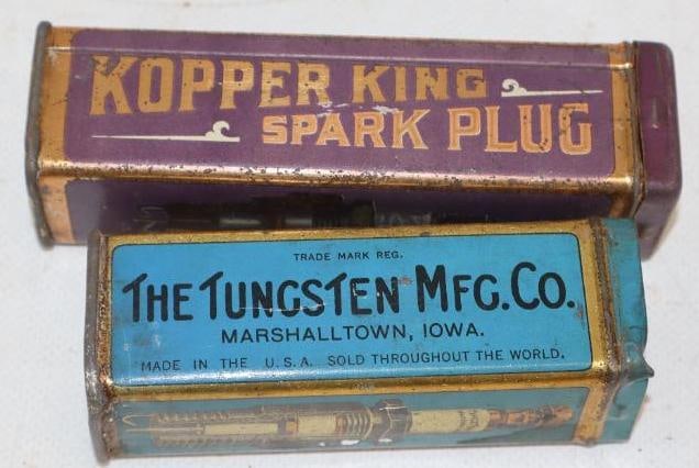 Group of 2 Tungsten And Kopple King Spark Plug Tins: largest is 4.75" x 1.25" x 1.25" tungsten is missing lid