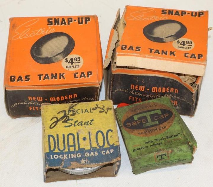 Group of 4 Snap-Up, Dual -Loc And Safe cap Radiator Cap And Gas Caps In Original Boxes: largest is 4" x 4" x2.50"