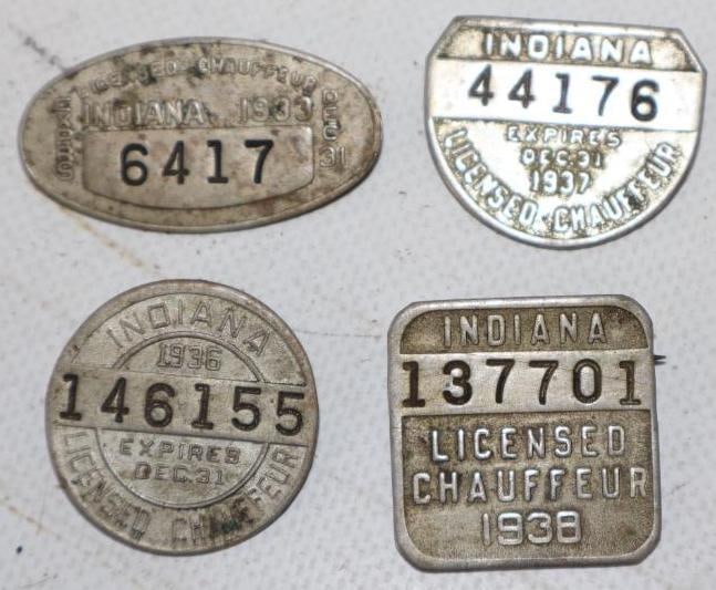 Group of 4 1930's Indiana License Chauffeur Pin Back Badges (1 of 2)