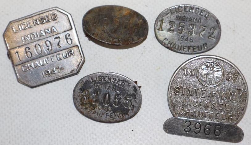 Group of 4 Indiana And Iowa 1930's and 1940's License Chauffeur Pin Back Badges: largest is 1.25" x 1.50"