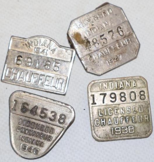 Group of 4 1930's and 1940's Indiana License Chauffeur Pin Back Badges: largest is 1.25" x 1"