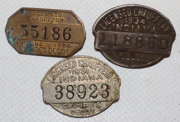 Group of 3 1920's and 1930's Indiana License Chauffeur Pin Back Badges: Largest is 1.25" x 1"