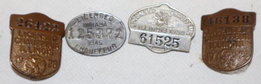 Group of 4 1920's - 1940's Illinois And Indian License Chauffeur Pin Back Badges (1 of 4)