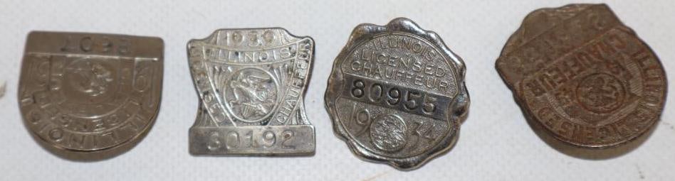 Group of 4 1930's And 1940's Illinois License Chauffeur Pin Back Badges: largest is 1.50" x 1.50"