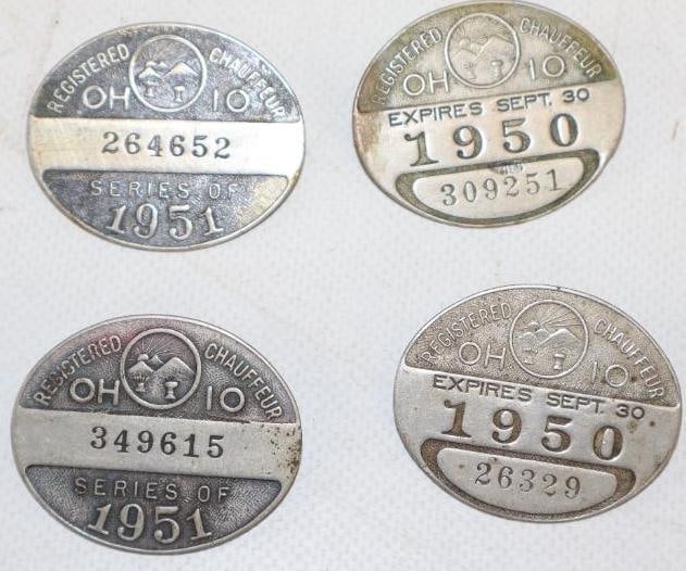Group of 4 1950's Ohio Registered Chauffeur Pin Back Badges (1 of 2)