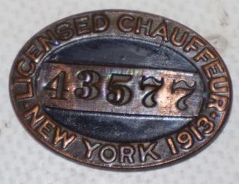 1913 New York Licensed Chauffeur Brass Pin Back Badge: 1.25" x .75" missing pin back