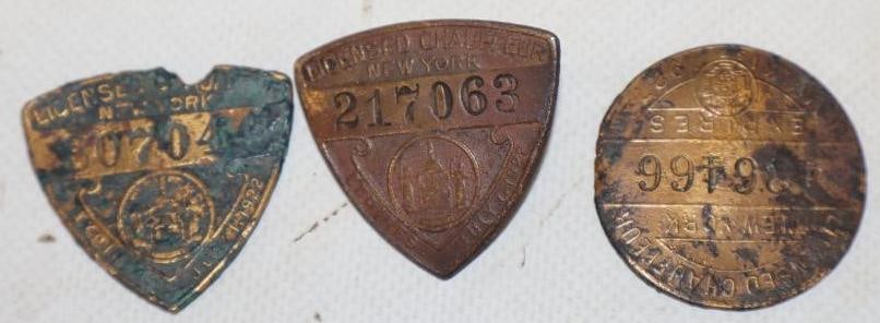 Group of 3 1920's New York Brass License Chauffeur Lapel Pins (1 of 2)