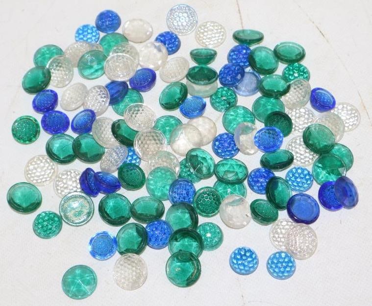 Group of 100 Green, Blue and Clear Jeweled Lenses: largest is .75" x .75" x .50"