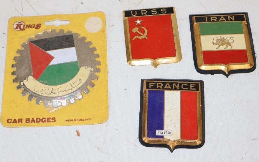 Group of 4 France, Iran, Russia And Palestine Automobile Radiator Badges: largest is 4" x 4"