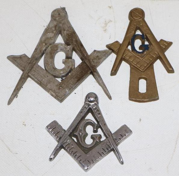 Group of 3 Different Free Mason License Plate Topper And Radiator Badges: 4.25" x 3.50" is largest