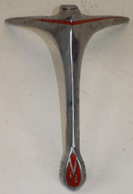 1940 Lincoln Zephyr V-12 Radiator Hood Emblem: measures 9" x 10" x 10" broken in middle at top