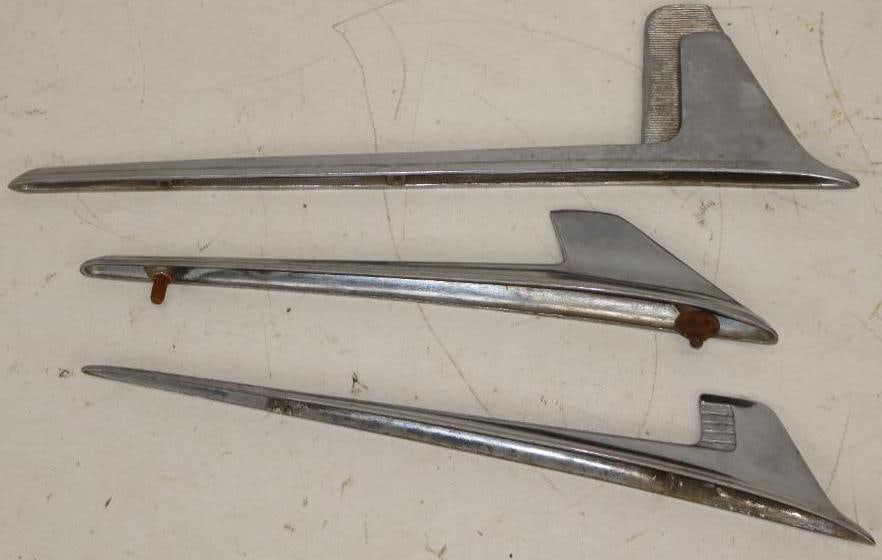 Group of 3 Different 1950's Air Streamed Automobile Hood Ornaments: largest is 16" x 4.25" x .50"
