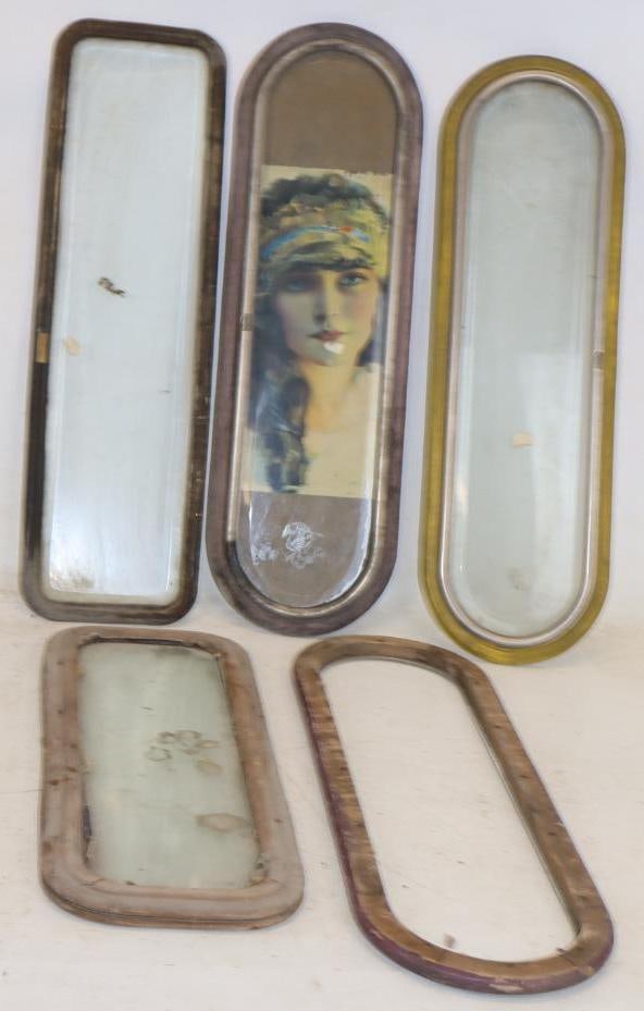 Group of 5 Early Automobile Johnston Beveled Glass Framed Windows: largest is 26" x 8" x 1" one window is missing glass, 2windows are not beveled