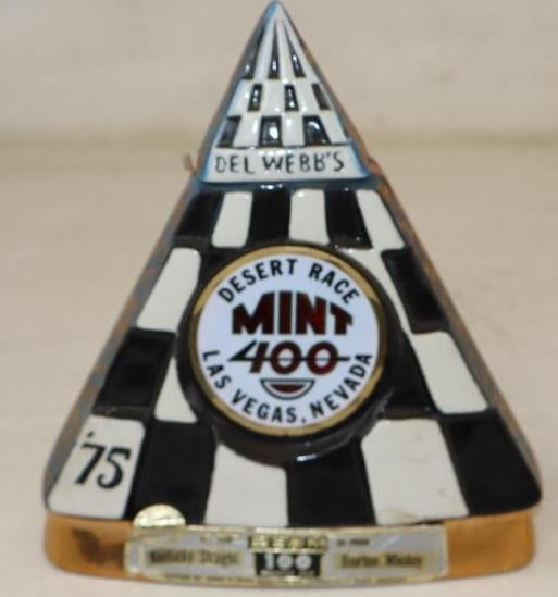 1975 Las Vegas Navada Mint 400 Desert Race Jim Beam Whiskey Decanter: 7.50" x 3.50" x 8.25" is marked Regal China, missing cork stopper