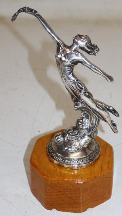 1931 FAME Sterling Silver Hood Ornament Radiator Mascot Mounted On Oak Base: 8" x 3.50" x 3.50"