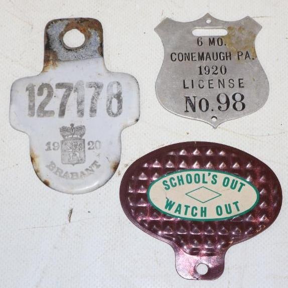 Group of 3 Schools Out, 1920 Belgium Porcelain And Conemaugh PA Bicycles License And Topper: largest is 3" x 2.50"