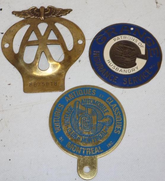 Group of 3 AA, Grange And Vintage Automobile Club of Montreal License Plate Toppers and Radiator: largest is 4" x 4.25"