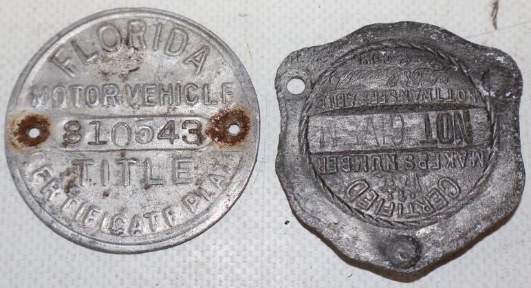 Group of 2 Florida Motor Vehicle Title Tag And 1909 New Jersey License Plate Makers Number Seal Tag (1 of 2)