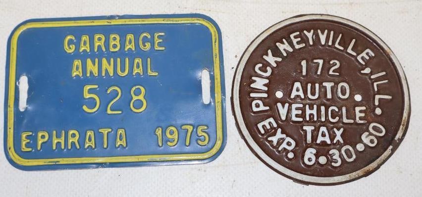 Group of 2 1960 Illinois Auto Vehicle Tax Tag And 1975 Ephrata Garbage Plate (1 of 2)