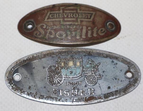 Group of 2 Body By Fisher And Chevrolet Sportlite Emblem Tags: largest is 2.50" x 1"