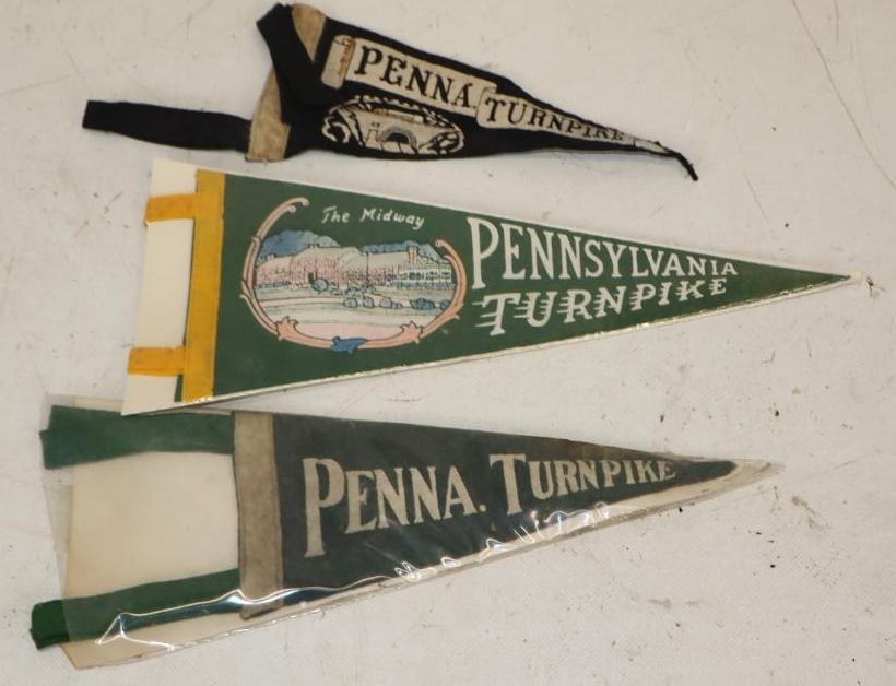 Group of 3 Pennsylvania Turn Pike Felt Pennants: largest is 13" x 5"