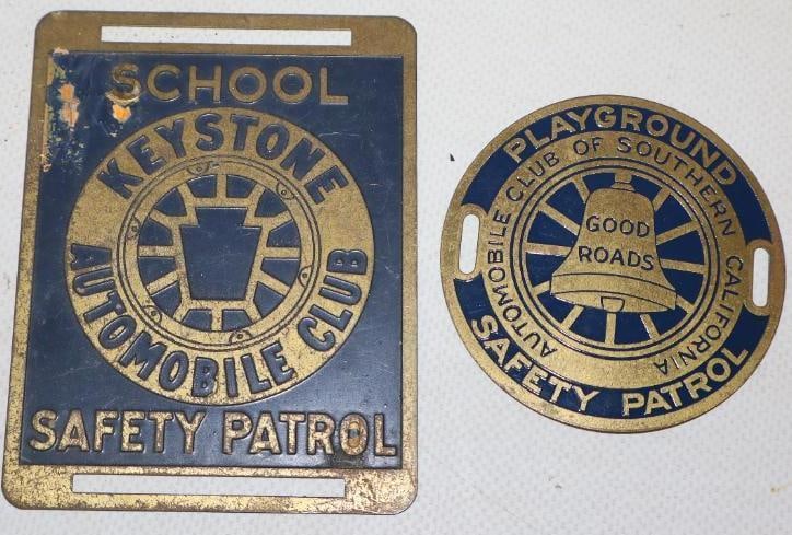 Group of 2 Keystone Automobile Club And Southern California Good Roads Safety Patrol Brass Signs: largest is 3.75" x 2.75" each