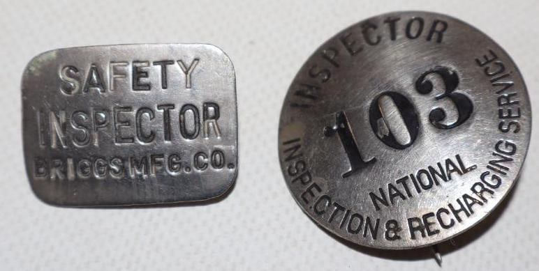 Group of 2 Briggs MFG Co. And National Recharging Service Inspector Pin Back Badges: largest is 1.50" x 1.50"