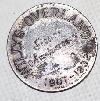 1932 Willys Overland Silver Anniversary Medallion: 1.25" x 1.25"