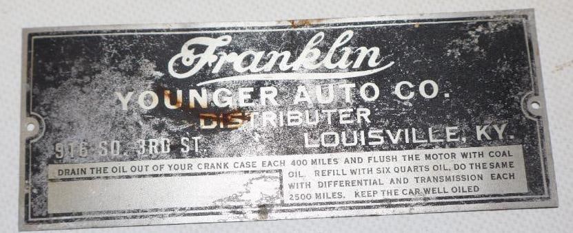 Franklin Motor Younger Auto Co. Aluminum Oil Change Reminder Tag (1 of 2)