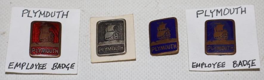 Group of 4 Plymouth Motor Car Co. Cloisonne Pin Back Badges: 1is missing cloisonne measures .75" x 1" each